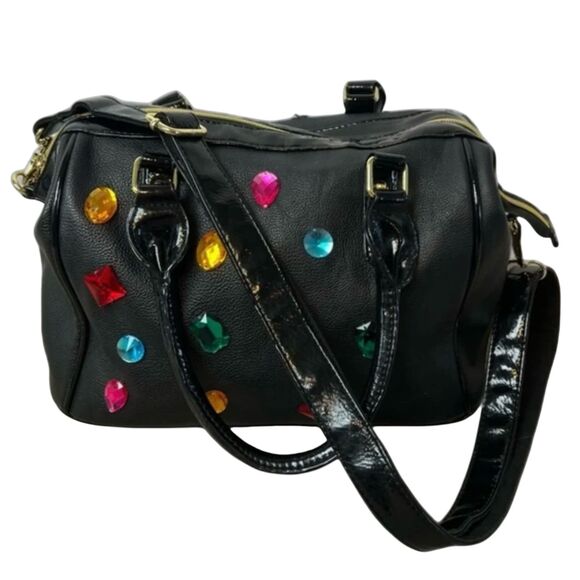 Betsey Johnson Satchel/Shoulder Bag Black Multi Colored Stones - Picture 1 of 16